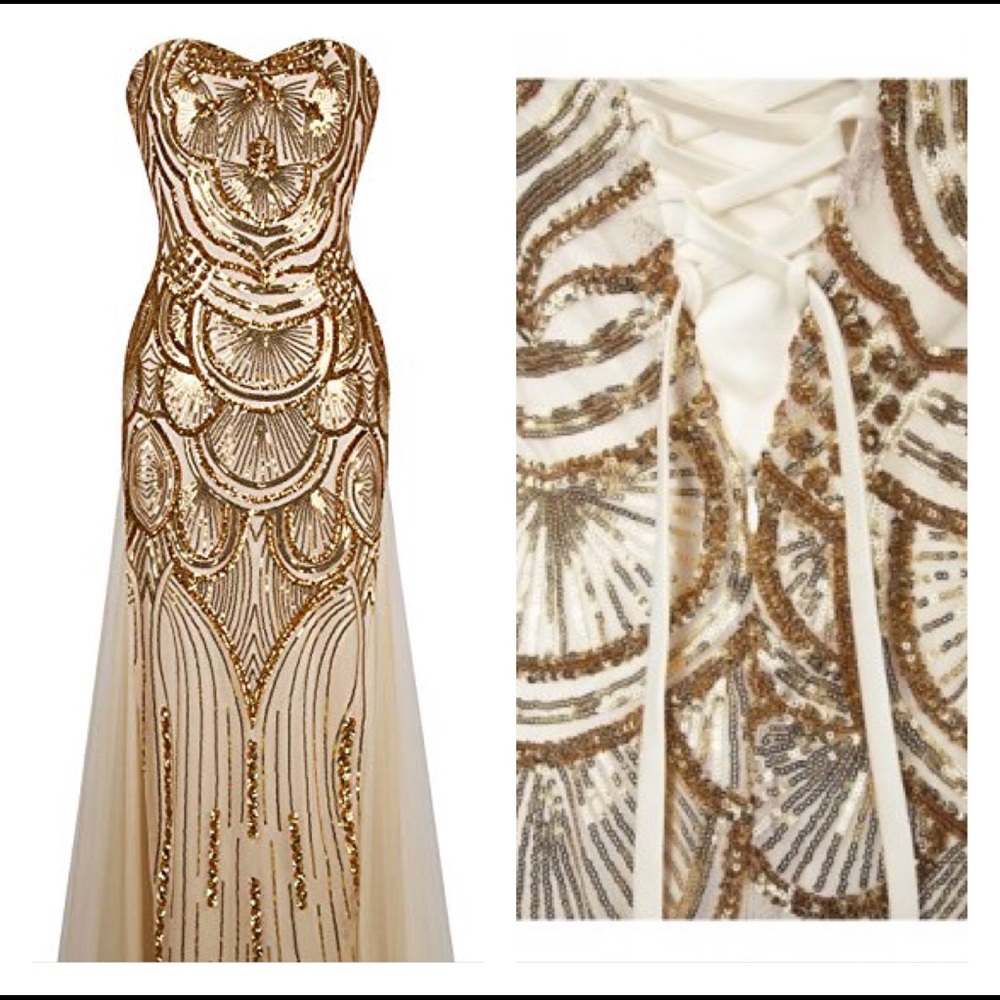 Cream and Gold Sequin Prom/Homecoming Dress